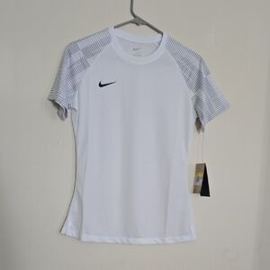 Nike White Athletic Tee with Gray Striped Sleeves